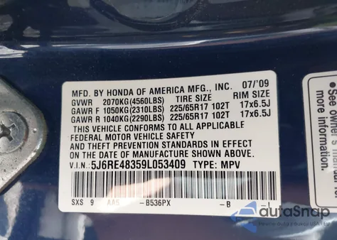 2009 Honda Cr-V Lx from USA, damaged, VIN 5J6RE48359L053409
